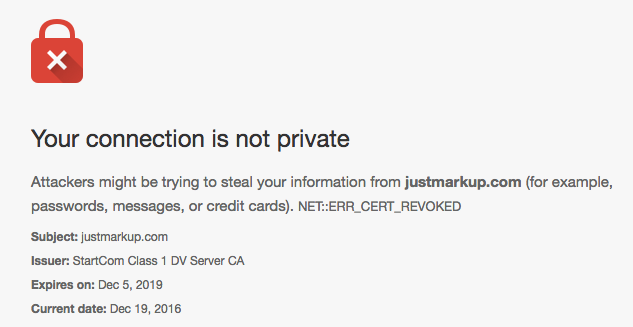 Chrome 56 showing justmarkup.com as insecure because of a StartSSL certificate. Screenshot by  Anselm Hannemann